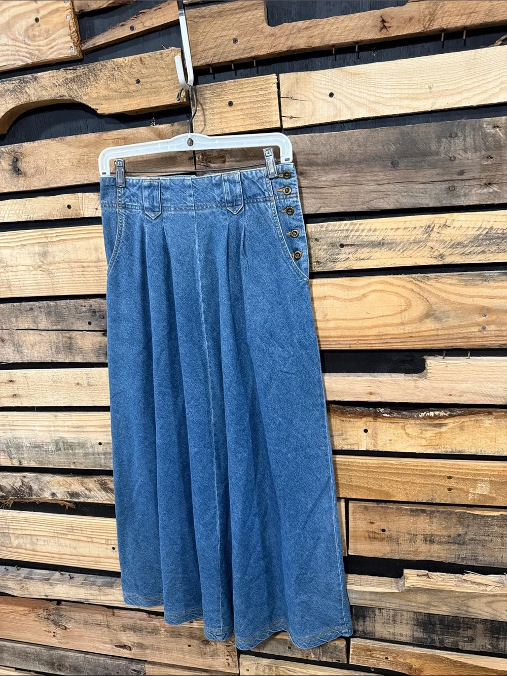 Vintage Eddie Bauer Long Denim Maxi Skirt Sz 10T Modest Pleated Button Blue Jean